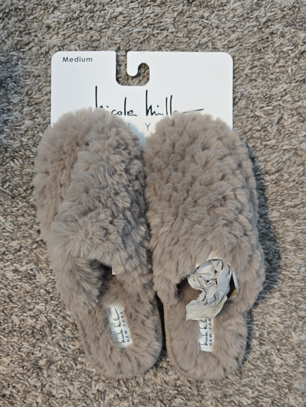 Nicole Miller Plush Faux-Fur Slide Slippers — Taupe Gray Size M
